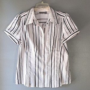 Apt. 9- Off White, Charcoal, Gray Short Sleeve Buttondown Stripe Top, Size Large